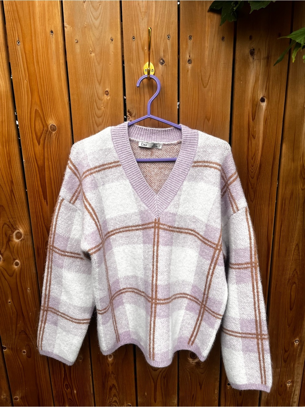 Dex Pastel Plaid V-Neck Sweater in Lilac and Cream